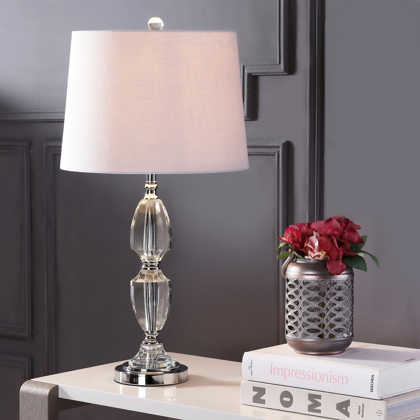 JONATHAN Y 27" Clear Crystal LED Table Lamp, Traditional French Country Chrome Nightstand Lamp with White Linen Drum Shade for Living Room, LED Bulb Included JYL2039A