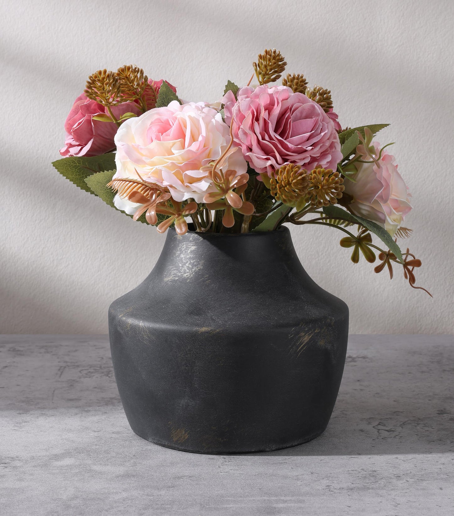 FancyPlus Black Ceramic Flower Vase, 5.3 in White Rustic Farmhouse Vase, Small Handcrafted Weathered Pottery Vases, Decorative Terracotta Vases for Flower, Living Room, Centerpieces, Table, Home Decor