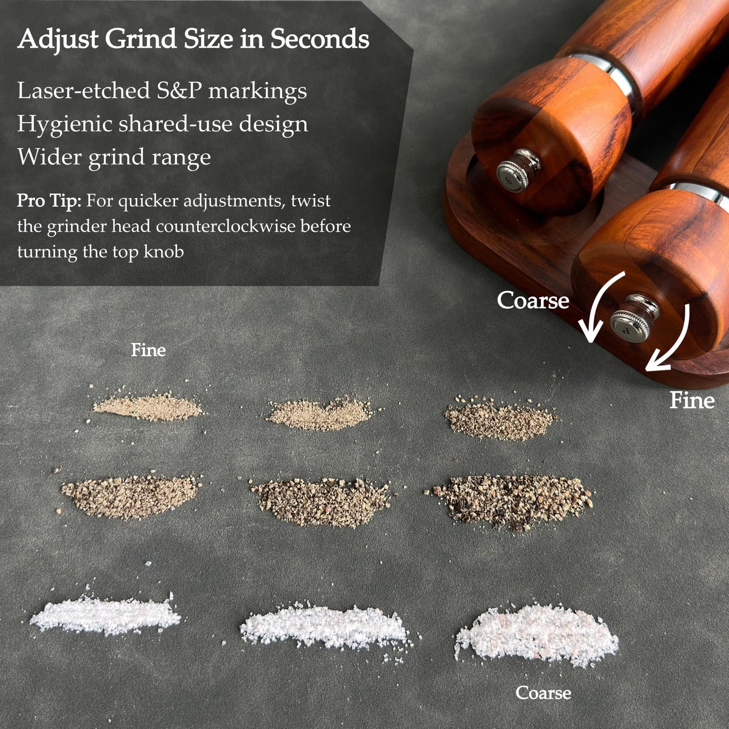TLYSXPRO Wooden Salt and Pepper Grinder Set – Refillable Salt and Pepper Mill with Adjustable Upgraded Large Size Ceramic Burr – Manual Pepper Grinder with Beech Wood Body – 8.3” Tall
