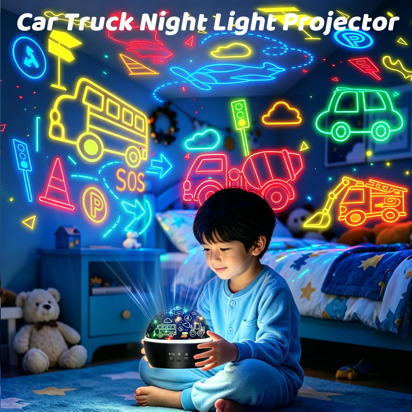 MINGKIDS Night Light for Kids,2 in 1 Rotating Projector Lamp with Dino&Vehicles Theme,2 Ways to Charge,Baby Night Light Ceiling Projector for Bedroom Kids Room Decor