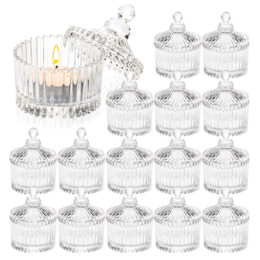 16 Piece Votive Candle Holders with Lids, Tealight Candle Holders in Bulk, Glass Small for Table Centerpiece, Wedding, Home Decor (2.68'' x 1.65'', Clear)
