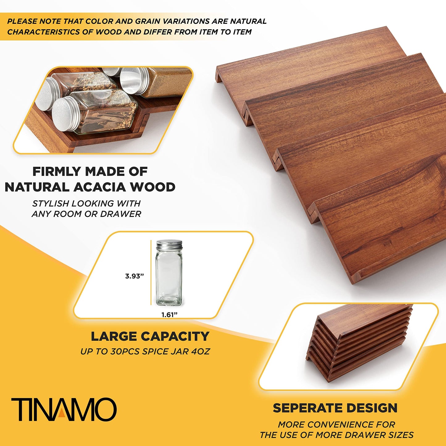 Tinamo Acacia Wooden Spice Rack Organizer for Cabinet - Spice Drawer Insert, Spice Organization for Cabinet, Seasoning Organizer, Spice Holder Pack of 4 (Acacia pack 4)