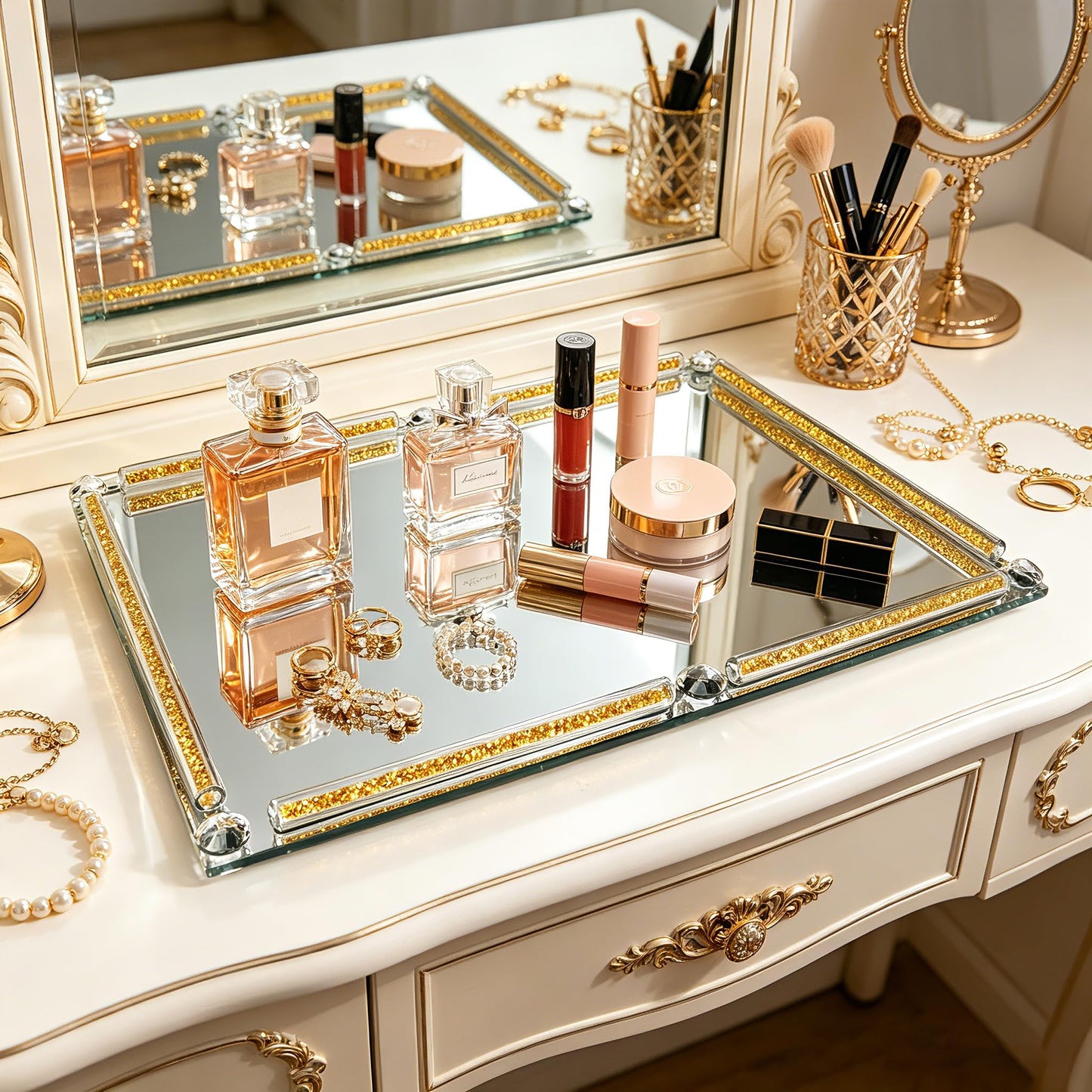 YCWF Large Mirror Perfume Tray for Dresser,Crushed Diamond Filled Glass Vanity Tray,Gold Decorative Bathroom Tray,Crystal Tray for Home Decorative,Party,Hotel Banquet,15.7x11.8x1.4inch,Gold