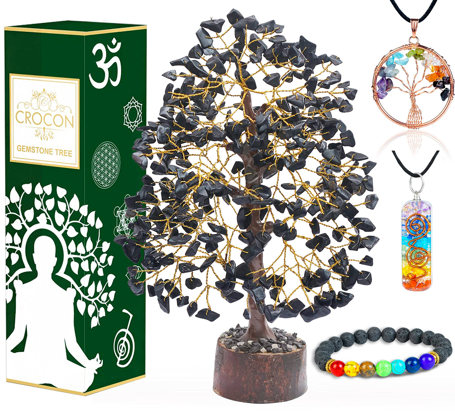 Crocon® Black Tourmaline Crystal Tree of Life with Bracelet & 2 Pendants Feng Shui Gem Tree Decor Healing Crystals Spiritual Black Gifts for Home & Room Decor Gifts for Women, Girlfriend, Her & Sister