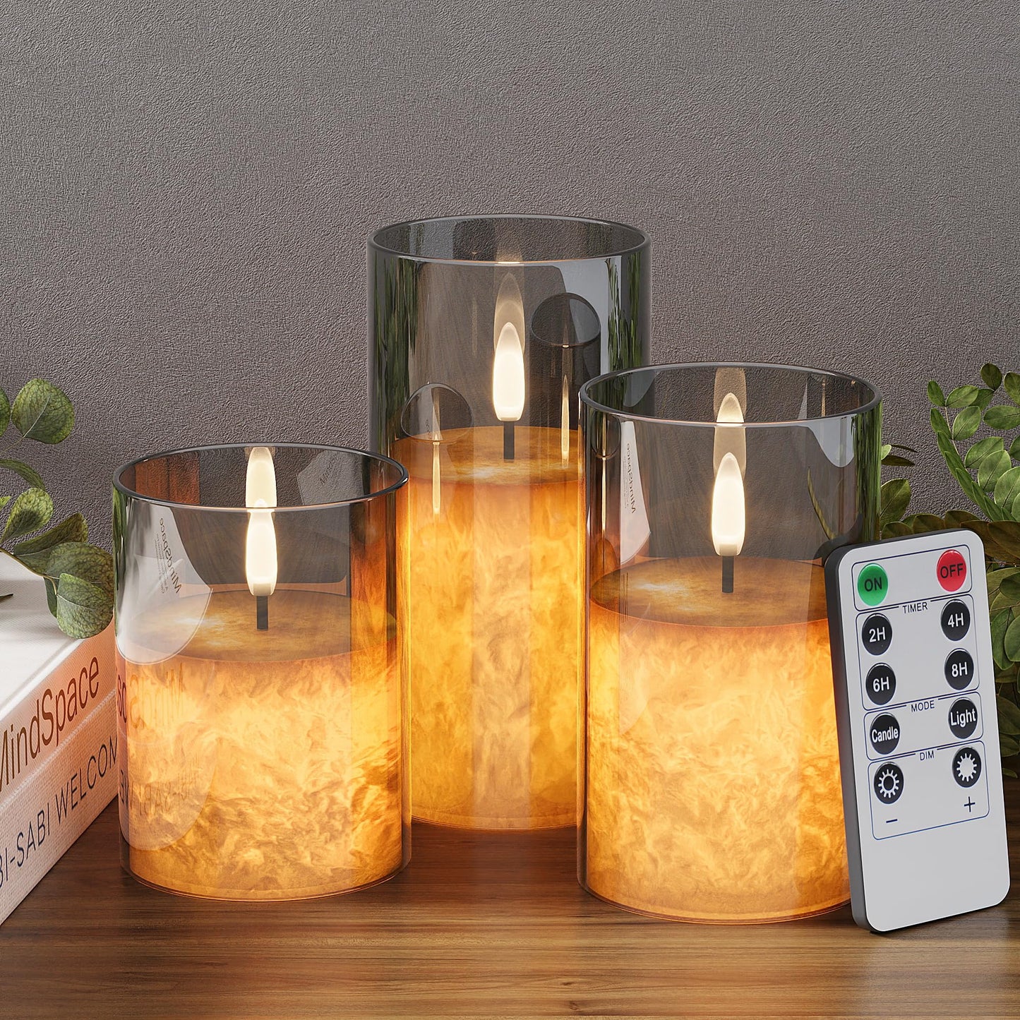 Battery Operated Flameless Candles with Remote & Timer, Grey Glass 3Pack
