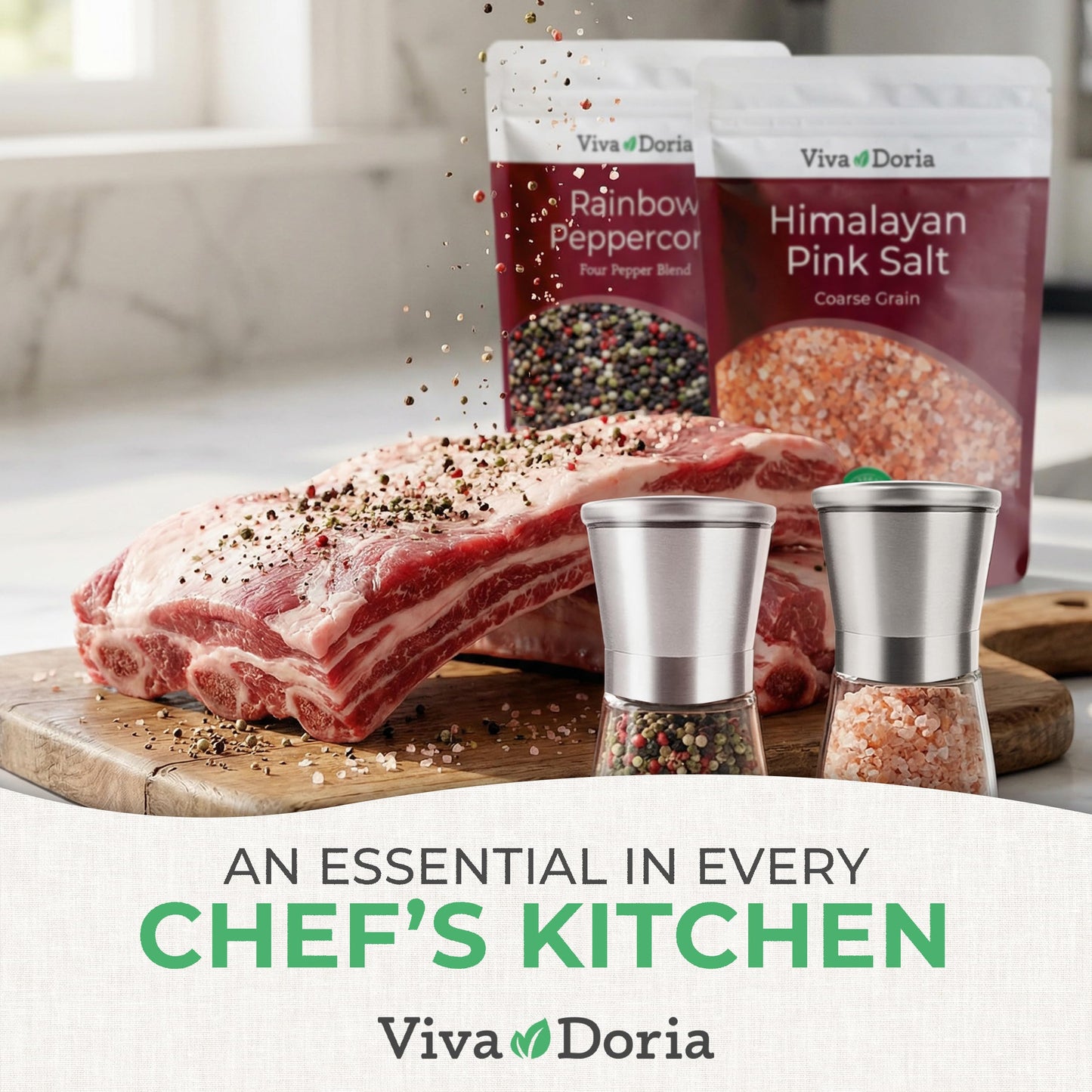 Viva Doria Rainbow Peppercorns Blend 12 oz & Himalayan Pink Salt, Coarse Grain, 2 lb – Steam Sterilized Mixed Whole Peppercorns and Coarse Salt for Grinder Refills, 2-Set Combo Pack