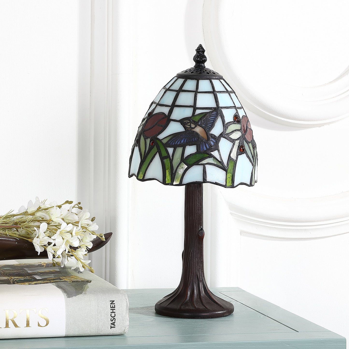 JONATHAN Y 12" Bronze Hummingbird Tiffany-Style LED Table Lamp, Handcrafted Multicolored Stained Glass Bell Shade, Traditional Bedside Accent Lamp, LED Bulb Included JYL8014A