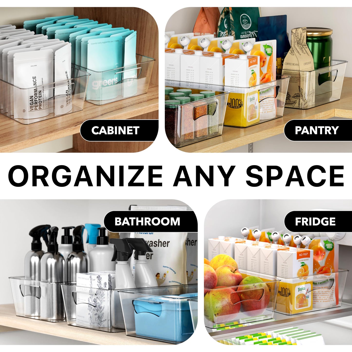 Simple Houseware 4 Pcs Kitchen Clear Bin Storage Organizer, 15" x 8" x 3.75"