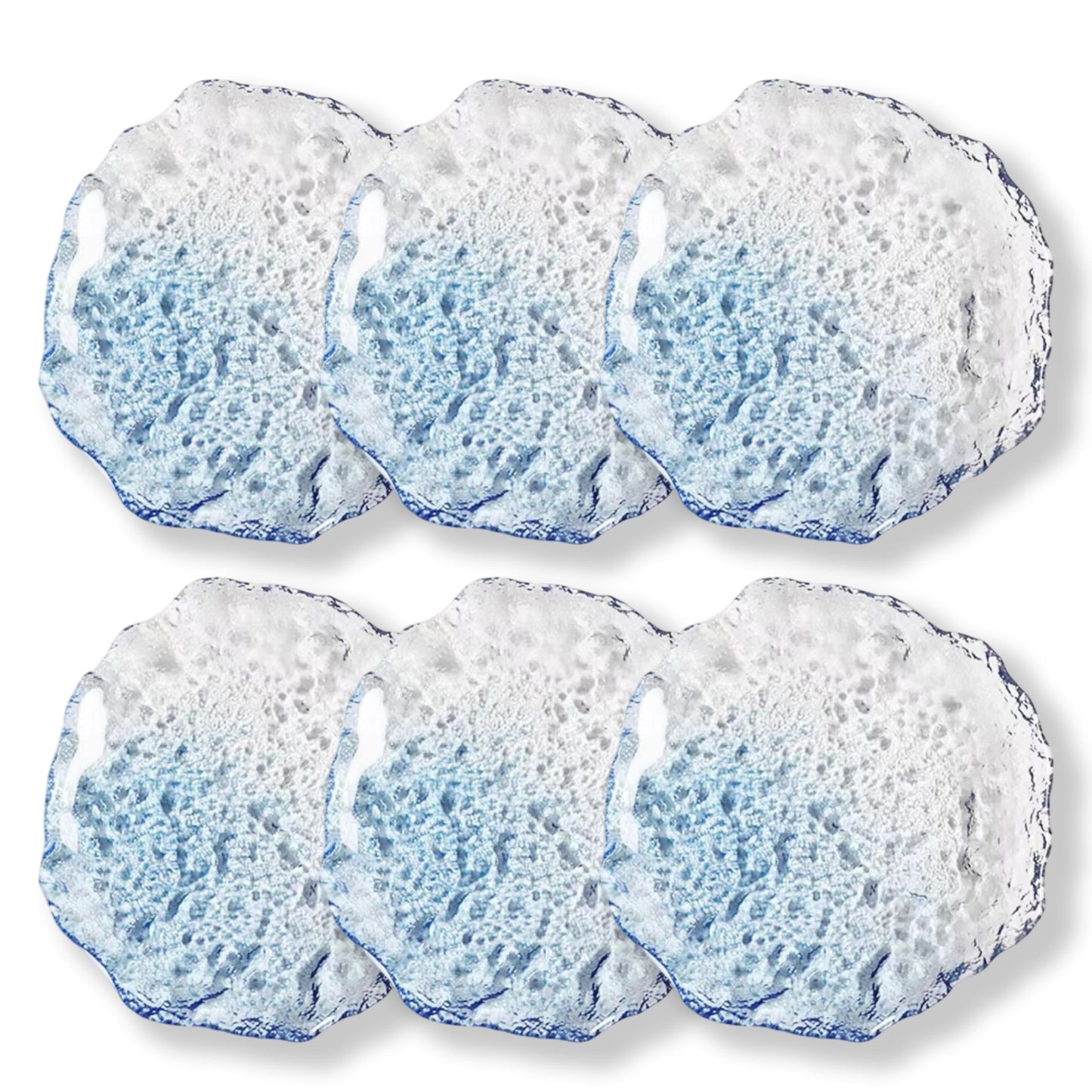 Coolcapis 6 pcs Textured Glass Plates Set – Wavy Edge Decorative Hammered Ice Appetizer Plates, Frosted Elegant Clear Glass Serving Tray Dinner Artistic Dinnerware (Blue, Small)