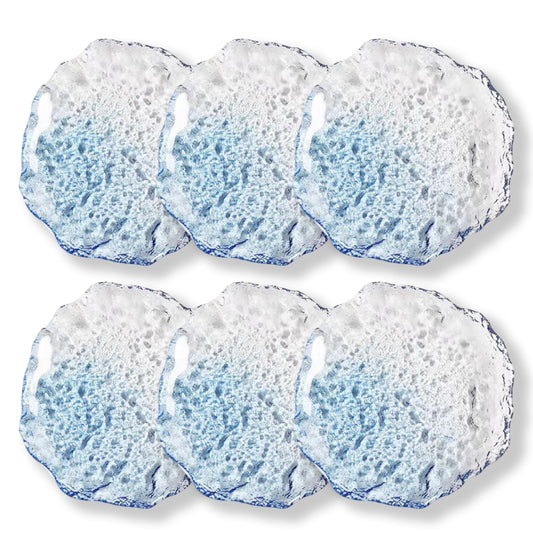 Coolcapis 6 pcs Textured Glass Plates Set – Wavy Edge Decorative Hammered Ice Appetizer Plates, Frosted Elegant Clear Glass Serving Tray Dinner Artistic Dinnerware (Blue, Small)