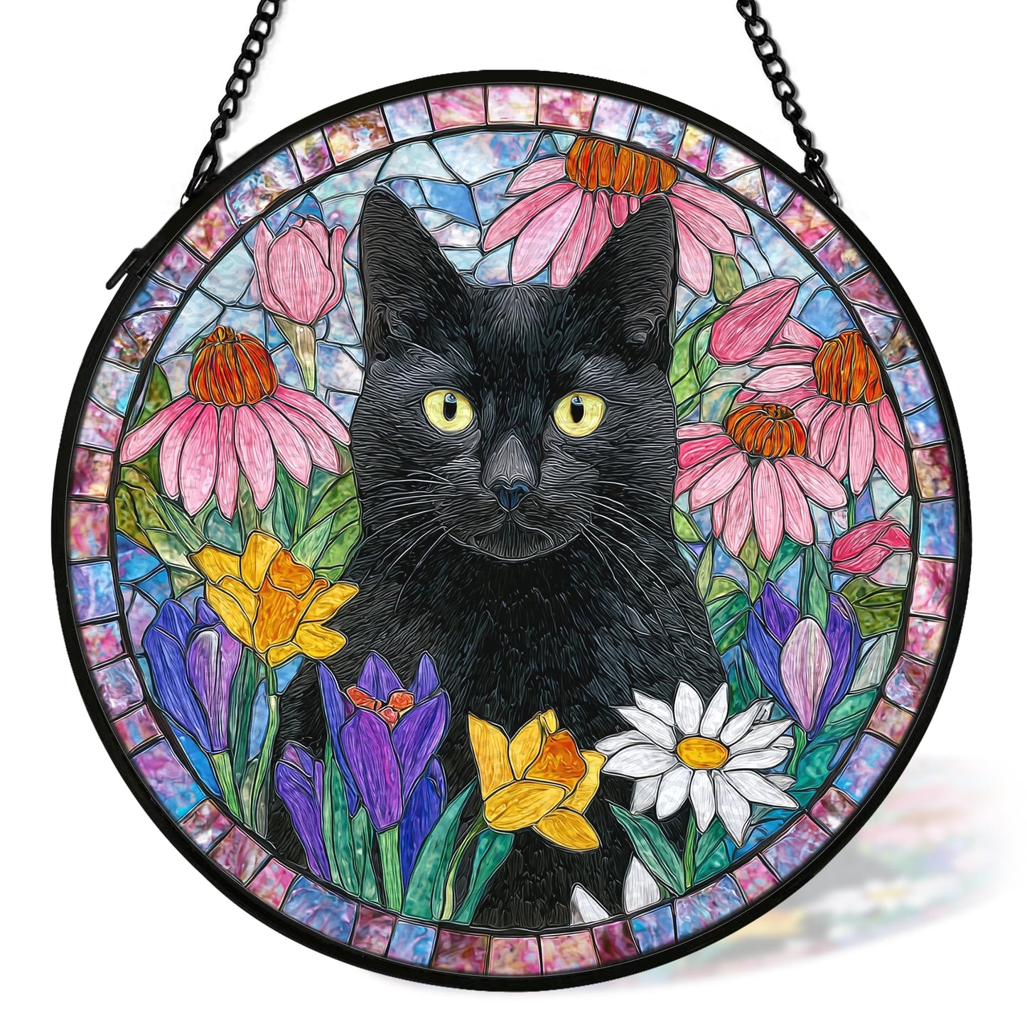 cvjutf Black Cat Suncatcher Stained Glass Window Hanging Decor Ornaments, Black Cat Owner Memorial Sun Catchers Wall Art Gifts for Women, Floral Flower Garden Lawn Stained Glass Wall Decor, 7.9x7.9In