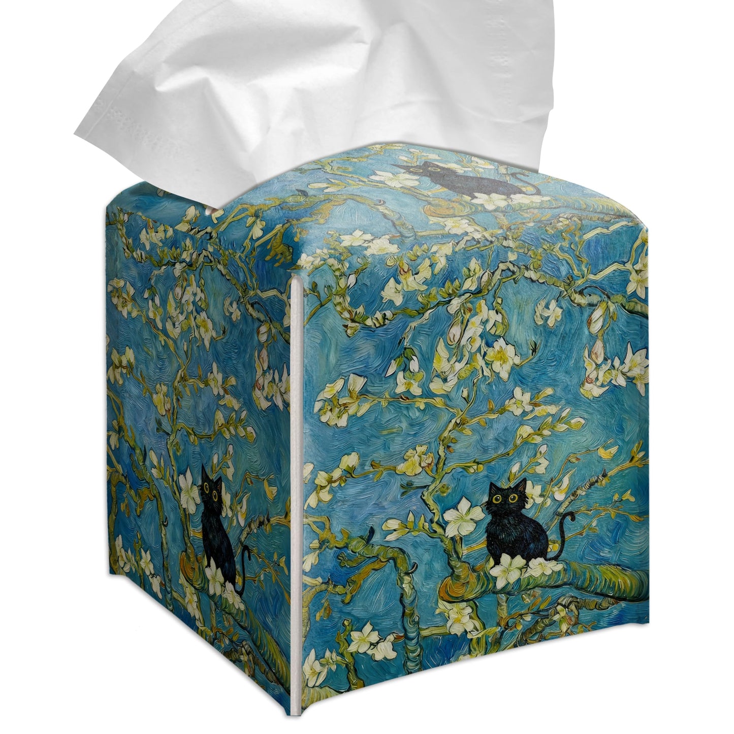 Grace Yonks Art Tissue Box Cover Square - Black Cat on Blossoming Branch Design 5.2" PU Leather Holder for Vanity, Desk, or Bathroom Counter - Cube Case for Facial Tissues. (122)