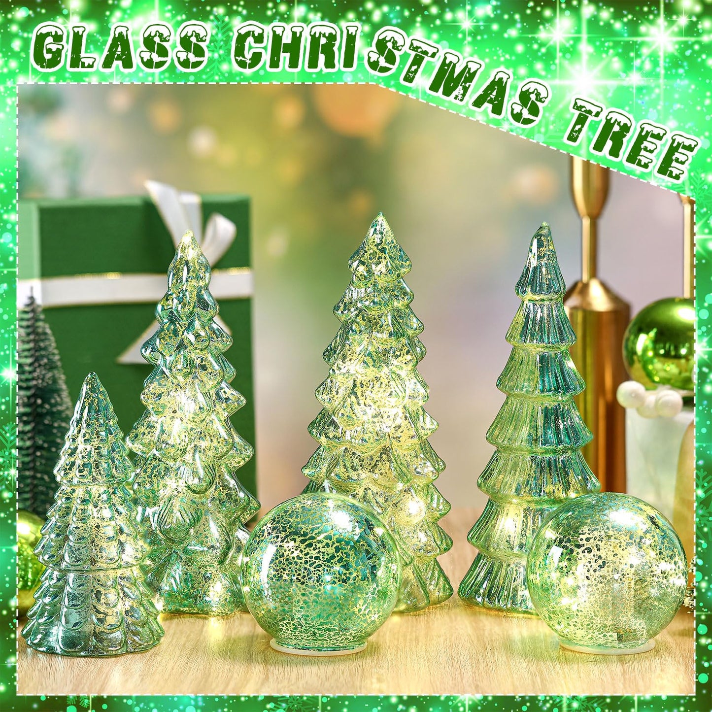 Syhood 6 Pcs Sage Green Mercury Glass Christmas Tree for Tabletop Light up Figurine Christmas Tree Mercury Cracked Glass Globe with Light for Xmas Decor Home Party Centerpiece Mantel Gift