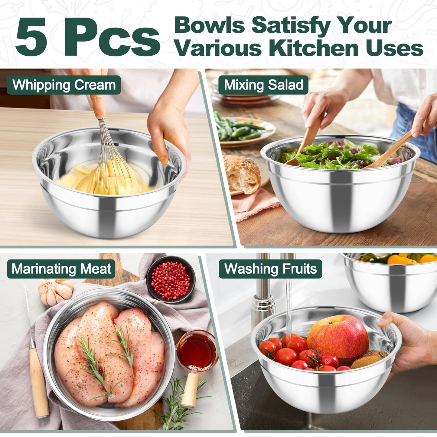 TeamFar Mixing Bowls, Stainless Steel Salad Serving Bowl with Clear Lids & 3 Graters, For Kitchen Cooking Prepping Storing, Size 4.6/2.6/1.5/1/0.7 QT, Nesting & Airtight, Set of 5 & Black