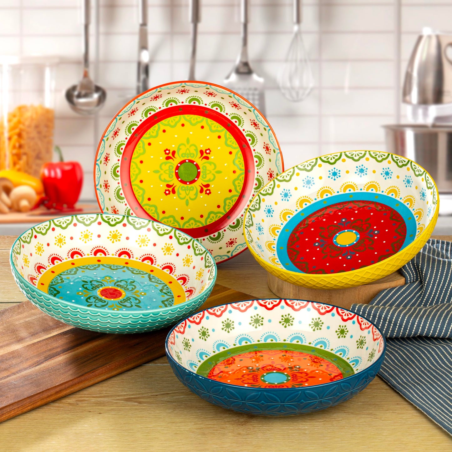 Signature Housewares Morocco 36 OZ Shallow Dinner Bowls/Deep Plates Perfect for Spaghetti and Salads - Set of 4 - Large Ceramic Bowls - Colorful Handpainted Pasta Bowls -