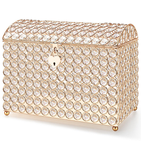 Nitial Crystal Wedding Card Box with Heart Lock 11in Wedding Money Box Treasure Chest Gold Bead Card Receiving Memory Storage for Reception Brithday Graduation Baby Shower Party (Elegant Style)