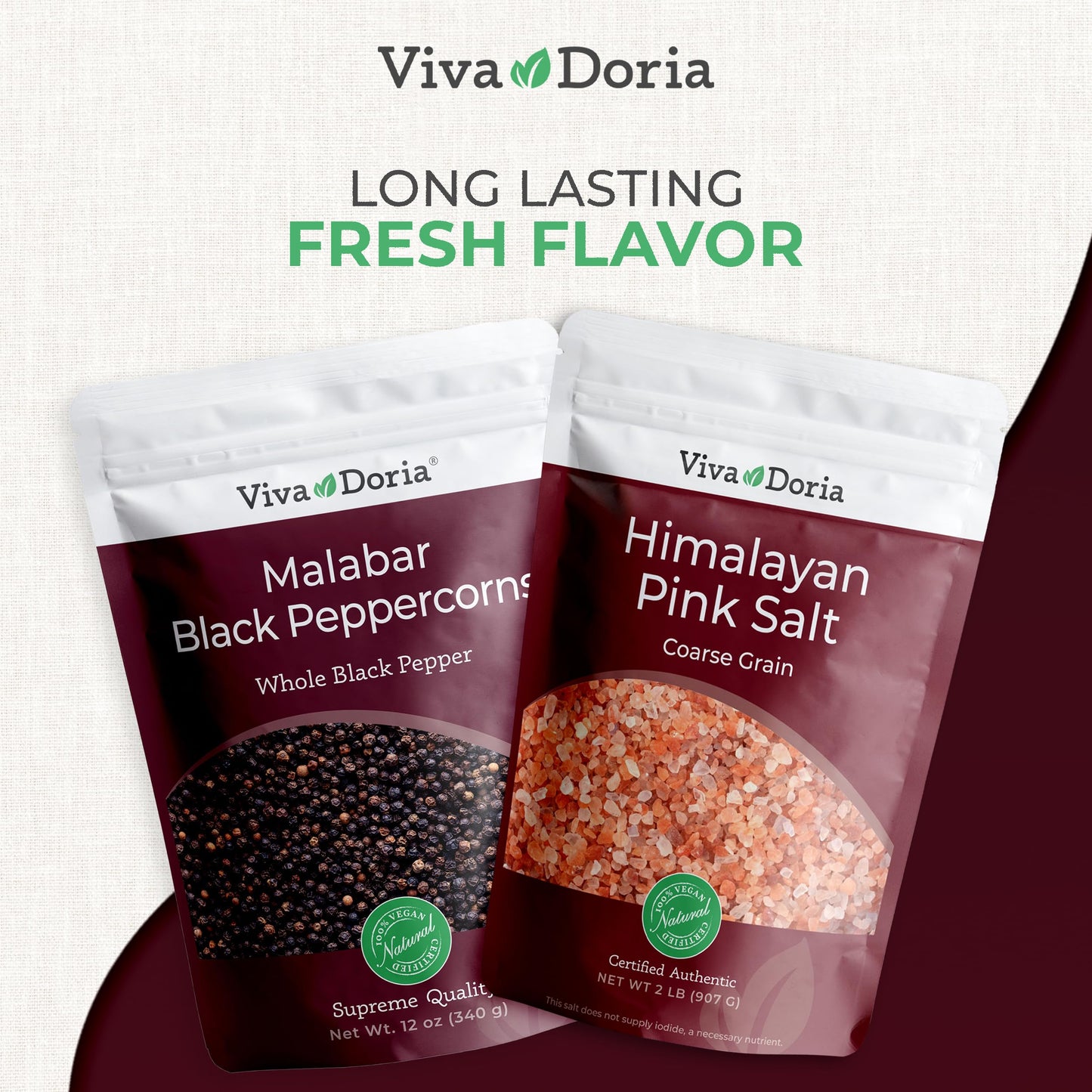 Viva Doria Malabar Whole Black Peppercorns, 12 Oz & Himalayan Pink Salt, Coarse Grain, 2 lb | Mineral Salt & Whole Black Pepper | Combo Pack | Grinder Refill Pack | Refills for Grinders