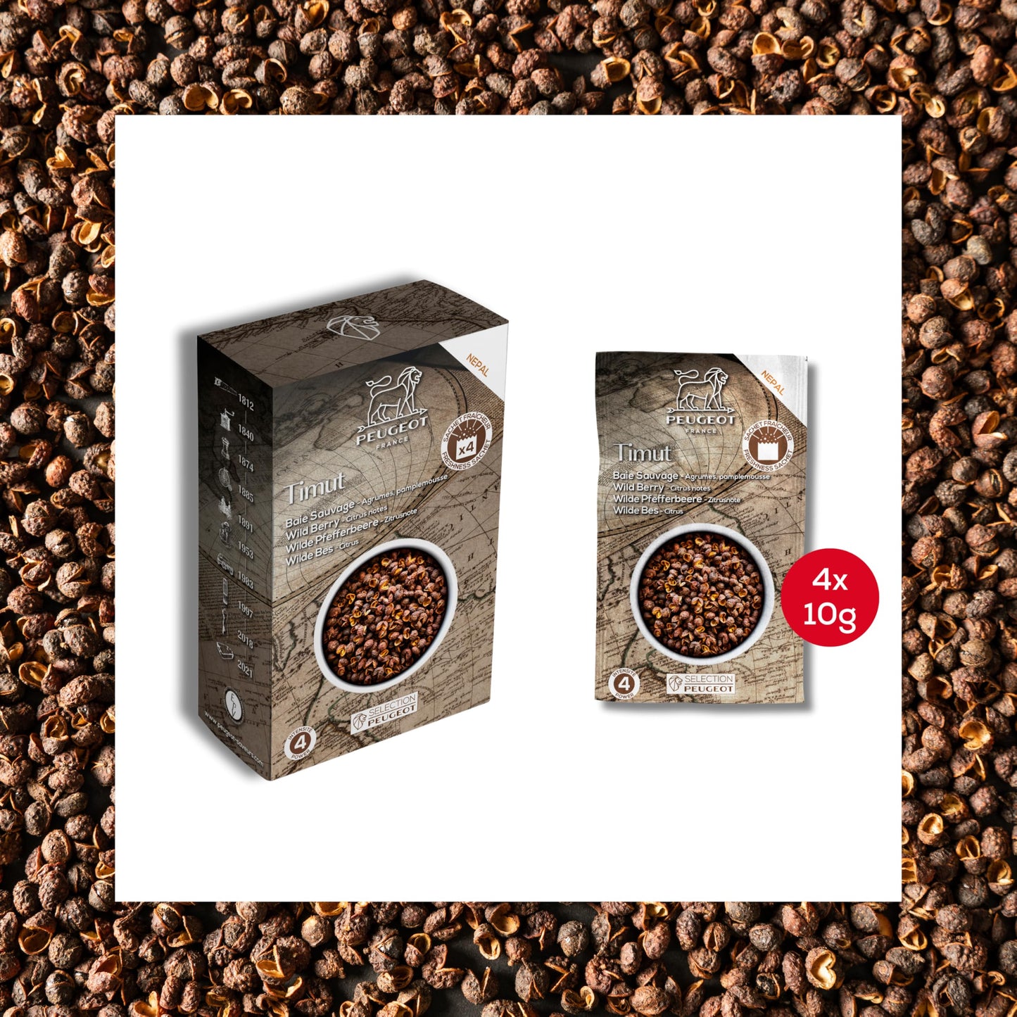 Peugeot Salt & Pepper Spice Bundle-15 Sealed Packets Total-4 Timut Wild Peppercorns, 4 Sichuan Red Peppercorns, and 7 Pink Bolivian Salt-Spice Refills for Grinders, 430g
