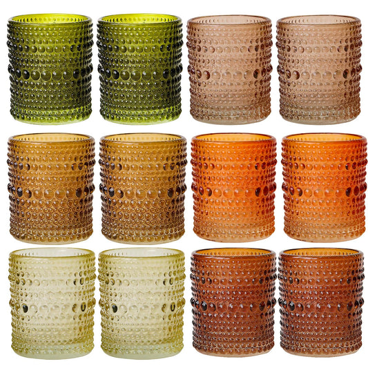 WDHODEC Glass Tealight Candle Holders Set of 12 - Brown Green Vintage Hobnail Votive Holders for Fall, Winter Wedding, Christmas Table Centerpiece Decor