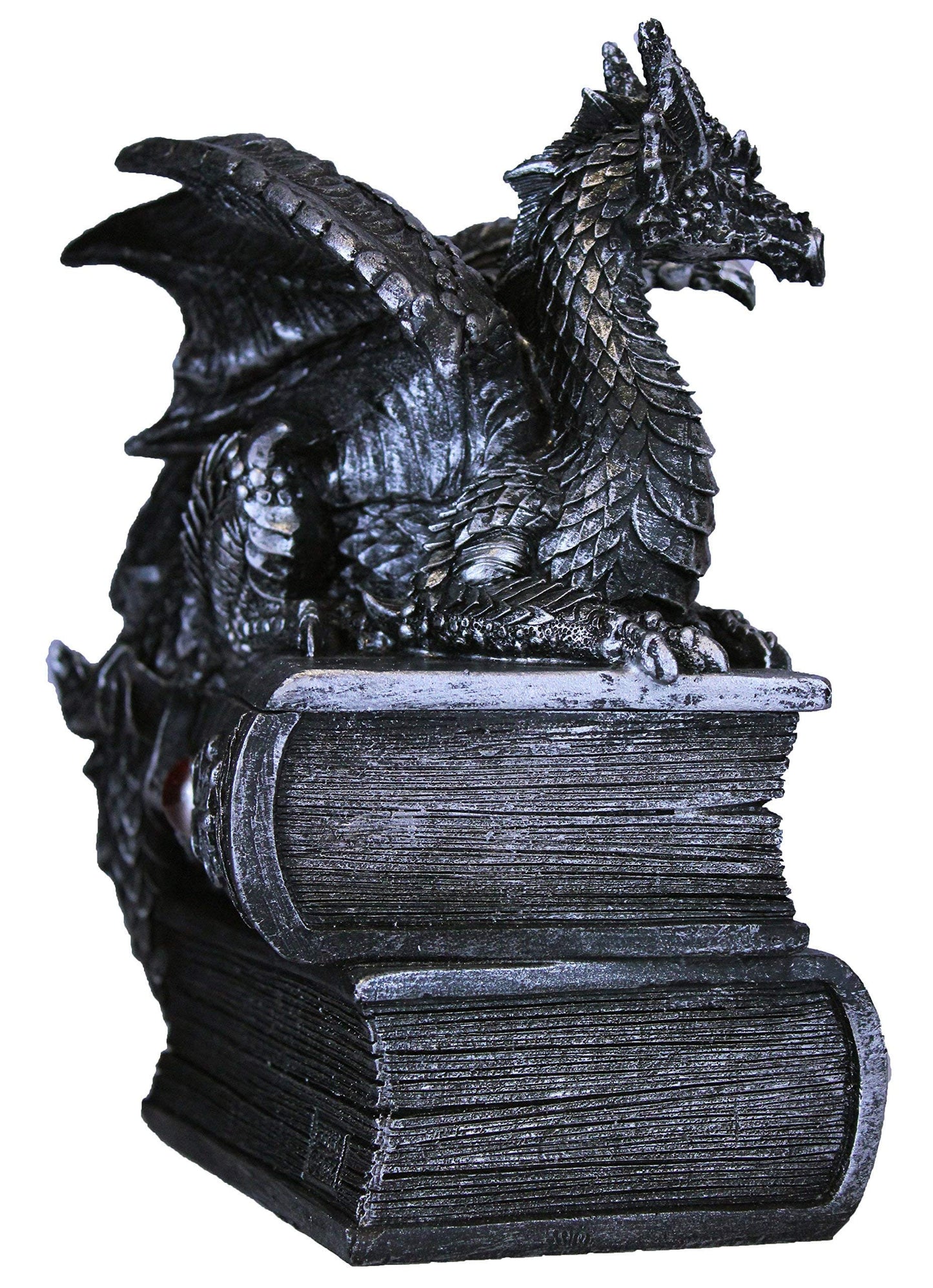 Guardian of Bibliophiles Stone Finish Dragon on Books Resin Trinket Box with Hidden Compartment - Gothic Medieval Dresser Decorative Accent - 8 Inches High