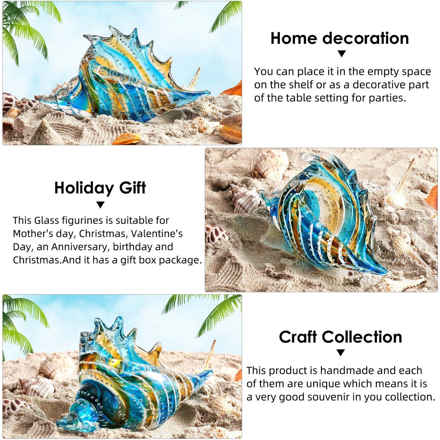 EUSTUMA Hand Blown Glass Conch Figurines Ornament,Sea Animal Ornament for Home Decor,Sea Animals Collection for Birthday Gift,Glass Seashell