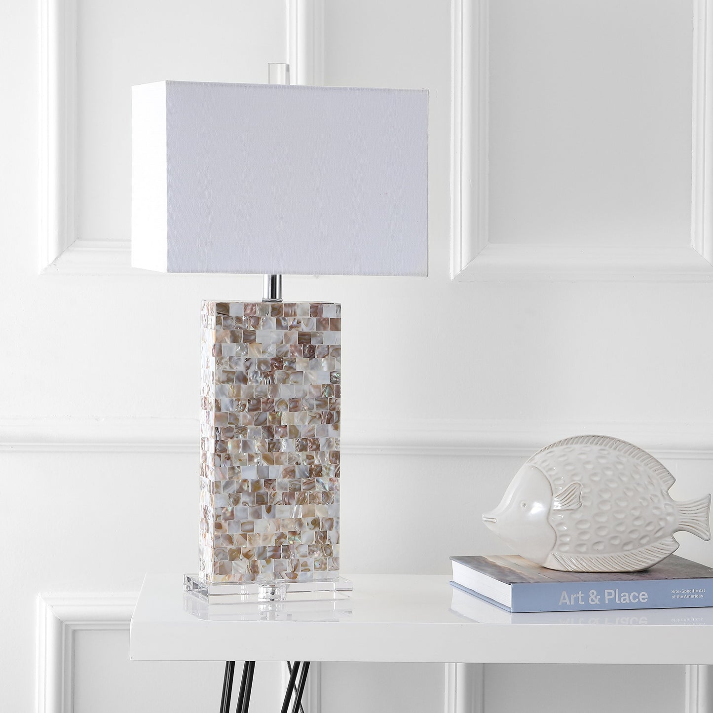 JONATHAN Y 29" Natural Seashell and Crystal Table Lamp, Coastal Mosaic Capiz Shell Bedside Lamp for Living Room Bedroom, White Linen Rectangle Shade, LED Bulb Included JYL1059A