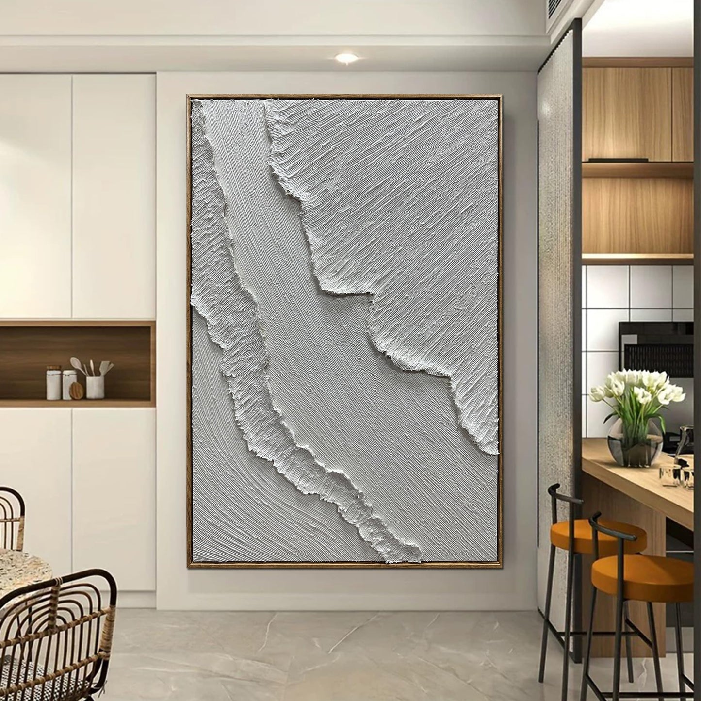 Yotree Modern Abstract Textured Wall Art, White Sand Beach Waves, 24x36 inches, Wooden Frame Ready to Hang (White waves)