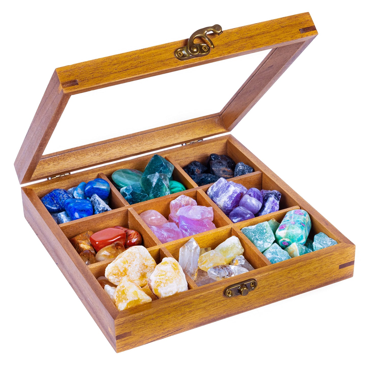 Curawood Rock Display Case - 8" x 8" Rock Collection Box for Kids & Adults - Crystal Holder for Stones Display Shelf with 9 Compartments & Acrylic Lid - Gemstone & Crystal Storage Box Organizer