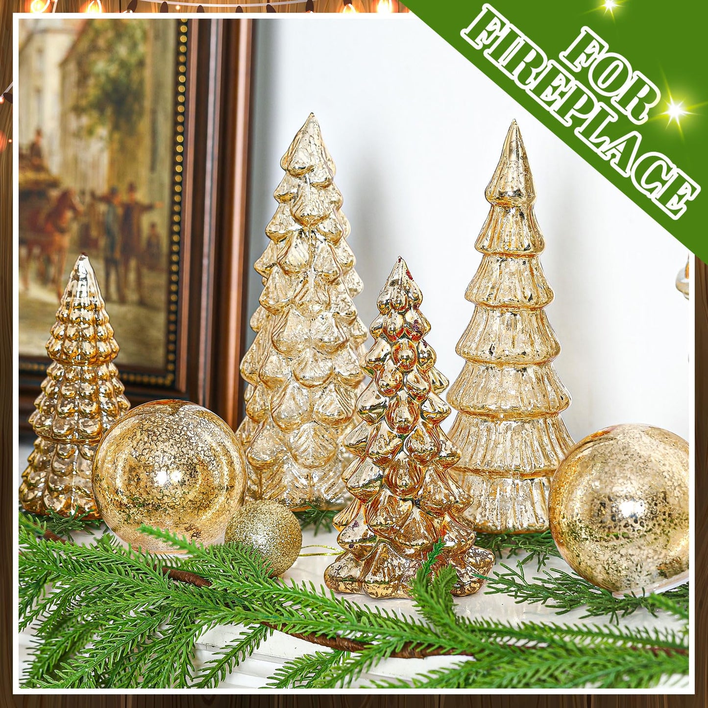 Syhood 6 Pcs Gold Mercury Glass Christmas Tree for Tabletop Light up Figurine Christmas Tree Mercury Cracked Glass Globe with Light for Xmas Decor Home Party Centerpiece Mantel Gift