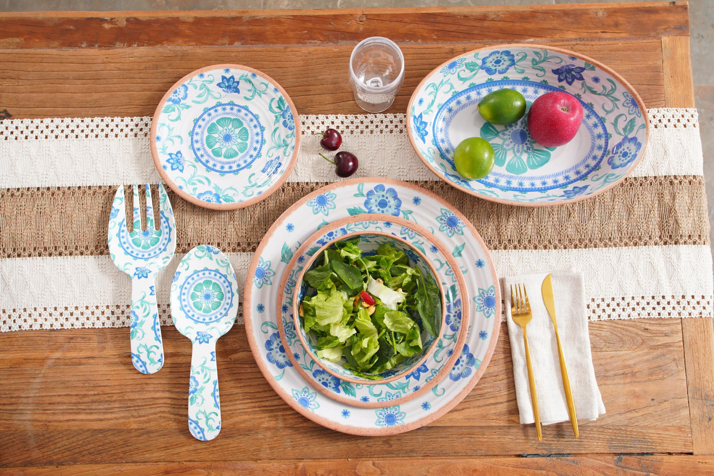 TarHong Rio Turquoise Floral Oval Serve Bowl, 13.1" x 2.6", 91.3 oz, Melamine