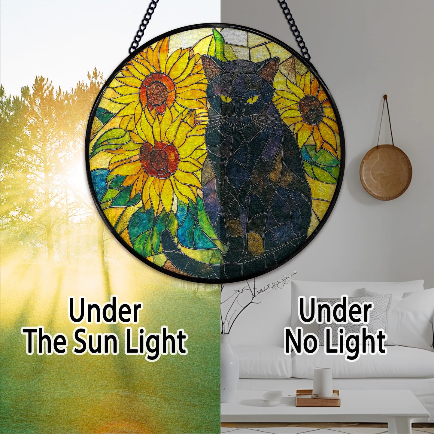 Hiuwevt Black Cat Sunflower Suncatcher Stained Glass Window Hanging, Cat Flower Sun Catchers Indoor Window Glass Wall Art Decor, Black Kitten Sunflower Round Wall Hanging Decorations, 7.9x7.9 inch