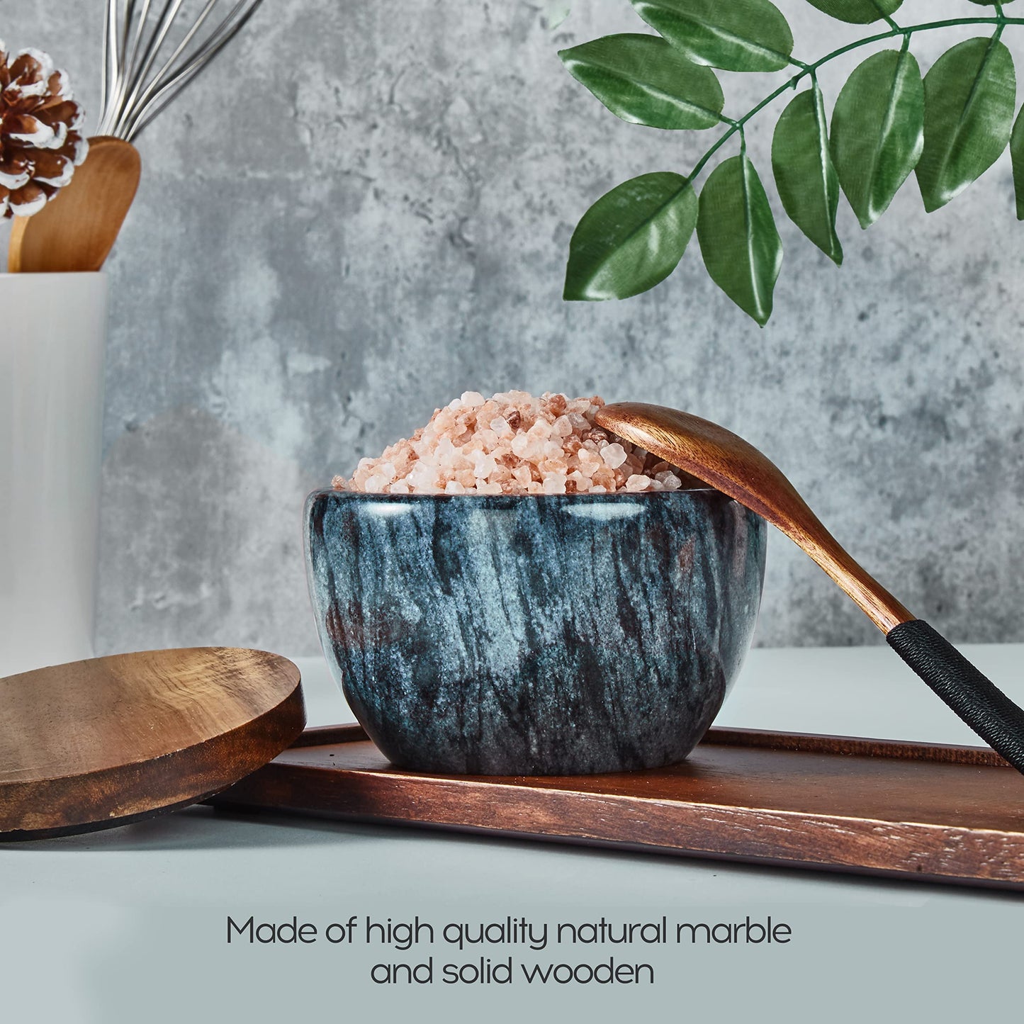 MarcZero Large Salt Box Spice Seasonings Keeper Pepper Container,Marble Base with Wooden Cover,Salt Cellar Big Capacity Elegant Design (Dark Grey)