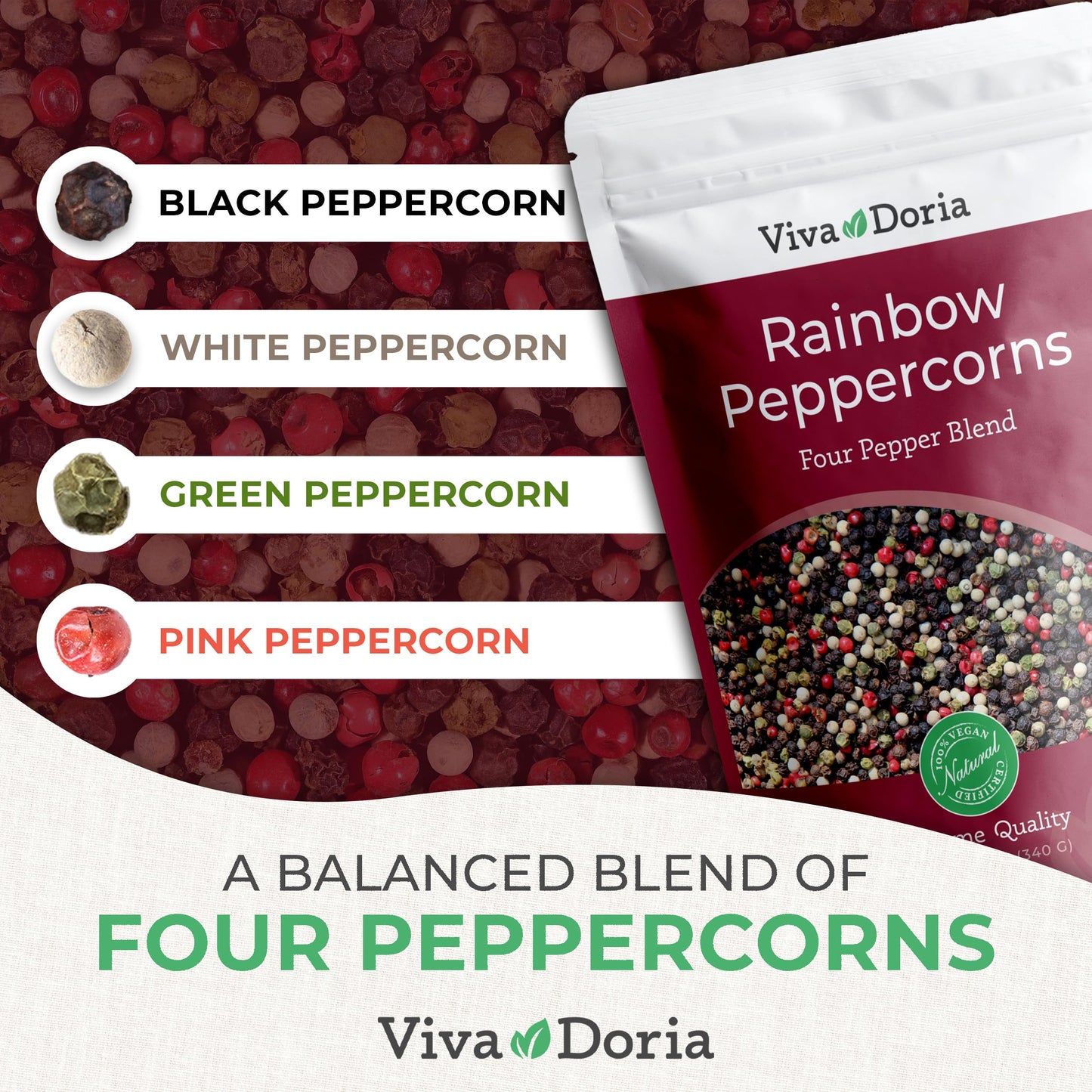 Viva Doria Rainbow Peppercorns Blend 12 oz & Himalayan Pink Salt, Coarse Grain, 2 lb – Steam Sterilized Mixed Whole Peppercorns and Coarse Salt for Grinder Refills, 2-Set Combo Pack