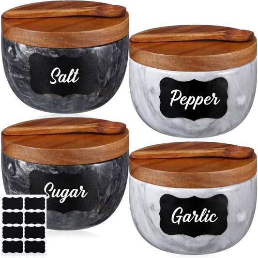 Teecyhooo Marble Salt Cellar Set of 4 with Lid and Spoon, Natural Marble Spice Container Bowls with Acacia Wood Lids for Pepper Sugar Seasoning Storage, Kitchen Counter Pinch Bowl Set