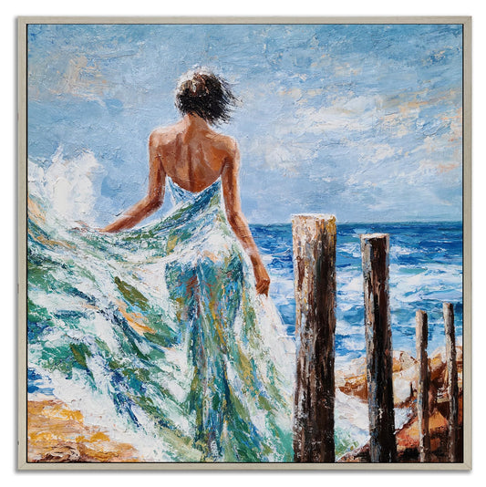 NdcSkyArt Lady on Beach Canvas Wall Art with Floating Frame - Modern Square Artwork for Living Room, Bedroom, Bathroom Decor in Blue, Teal, and Turquoise Colors