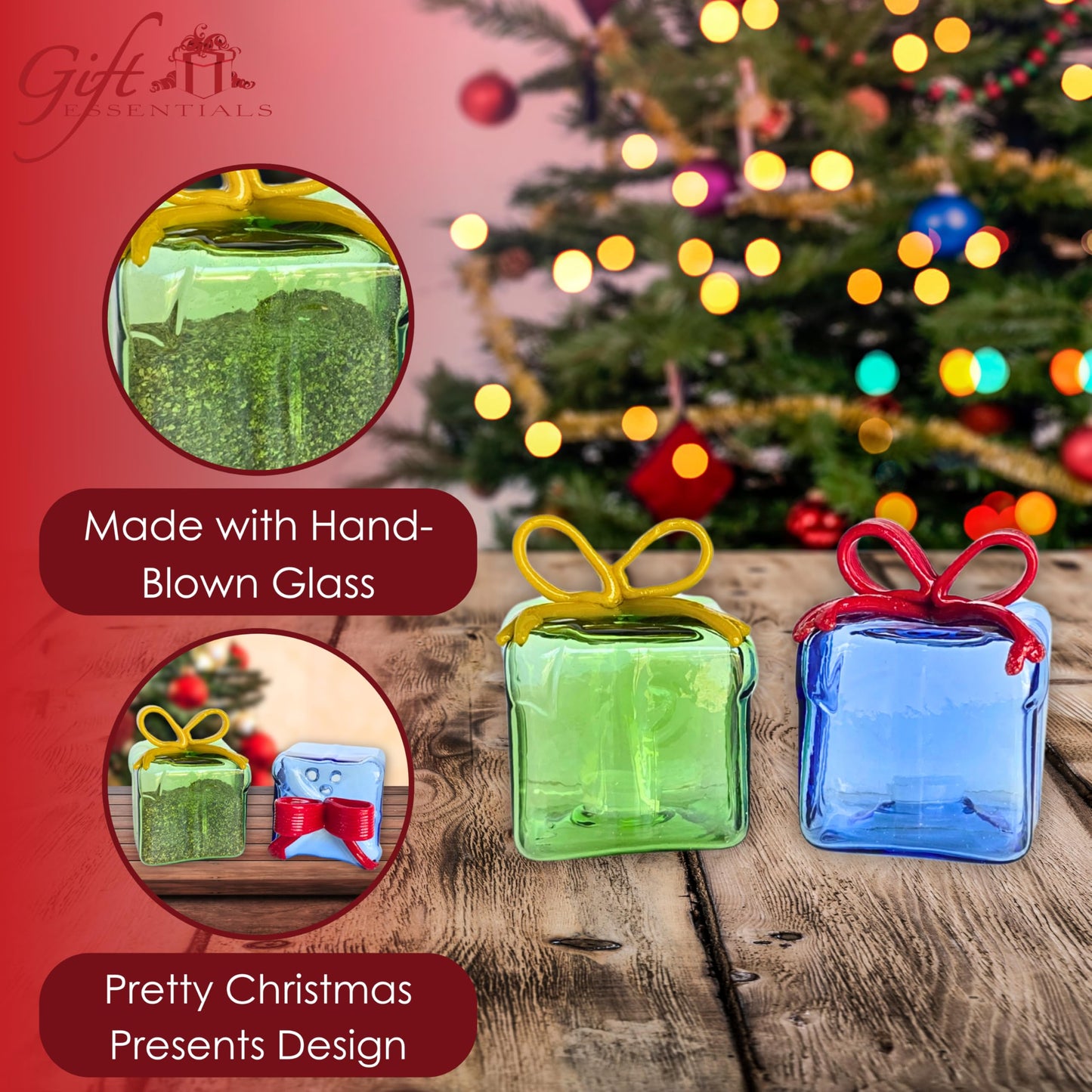 Gift Essentials Blown Glass Christmas Gift Salt and Pepper Shaker Set – Mini Decorative Salt and Pepper Shakers – Gift Boxed Holiday Table Decor – Novelty Winter Present Design