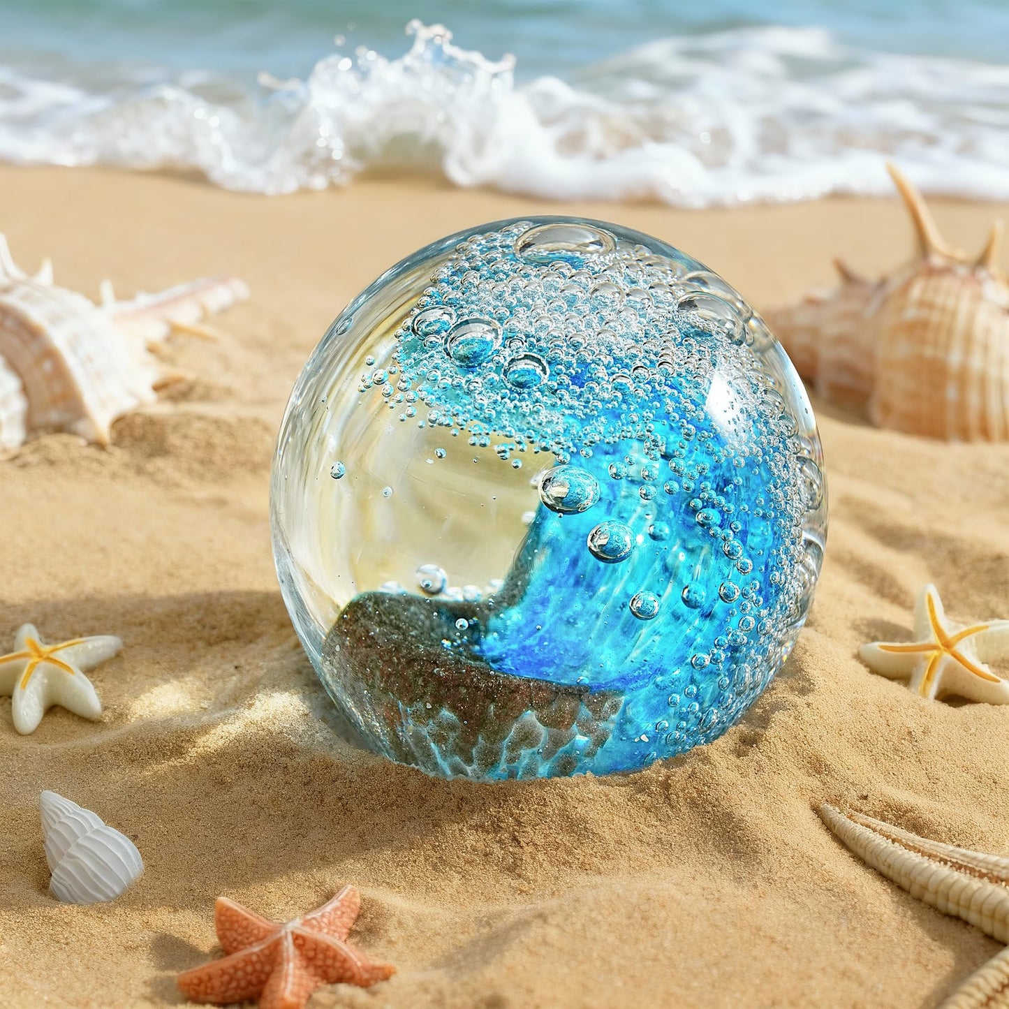 ZEERSHEE Hand Blown Ocean Wave Glass Ball, 2.3" Blue Glass Paperweight