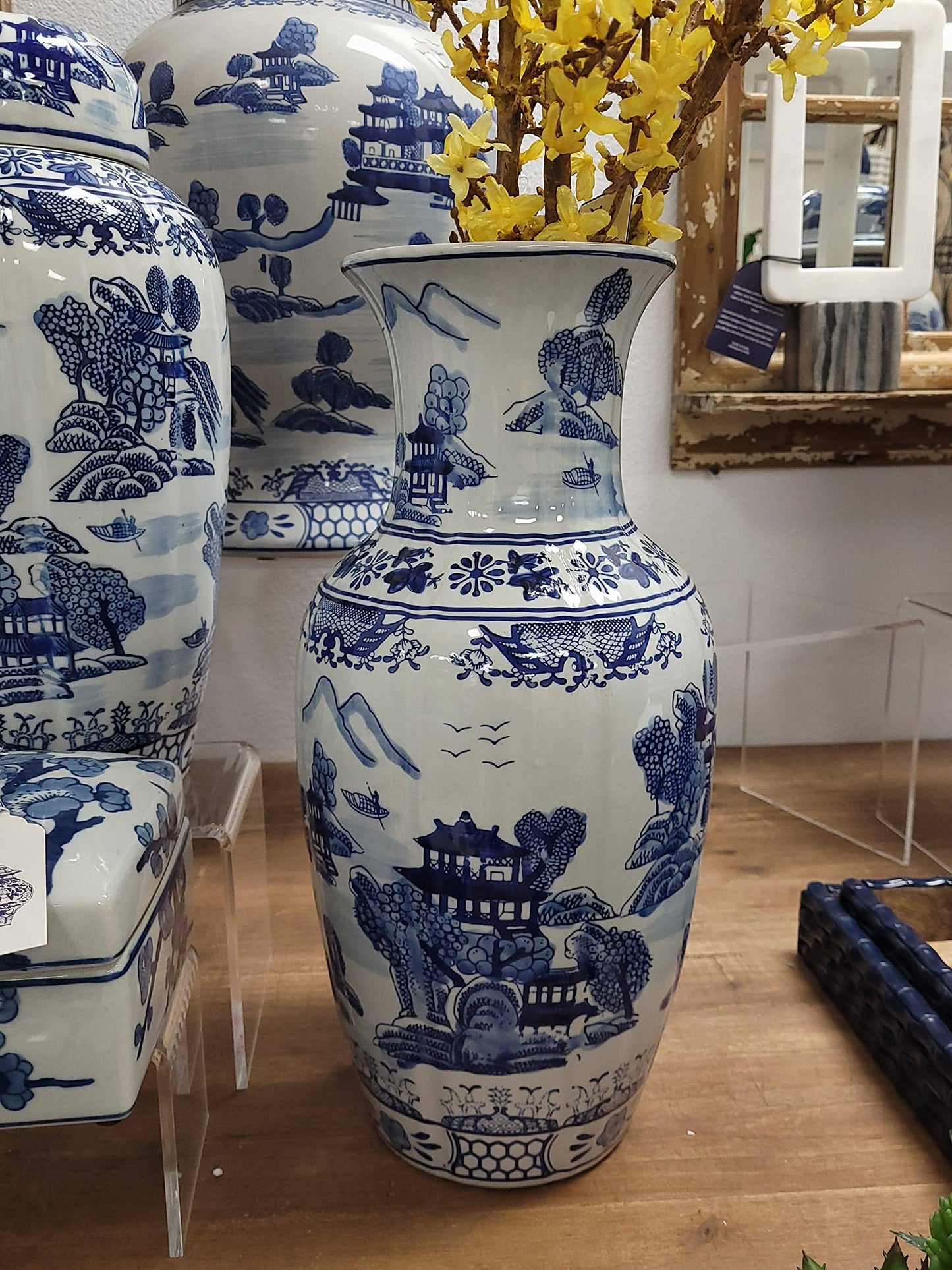 Galt International 18" Blue and White Fishtail Style Ceramic Porcelain Vase Classic Temple Landscape Design