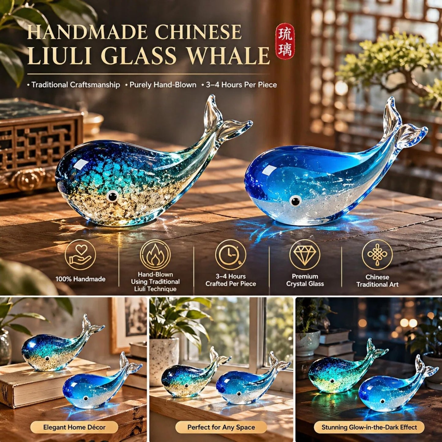 Tisuvimy Hand Blown Glass Whale Figurine, Blue Art Glass Whale Sculpture Ocean Animal Collectible, Decorative Glass Whale Statue for Home Office Desk Shelf Coastal Decor Gift (Light Blue)
