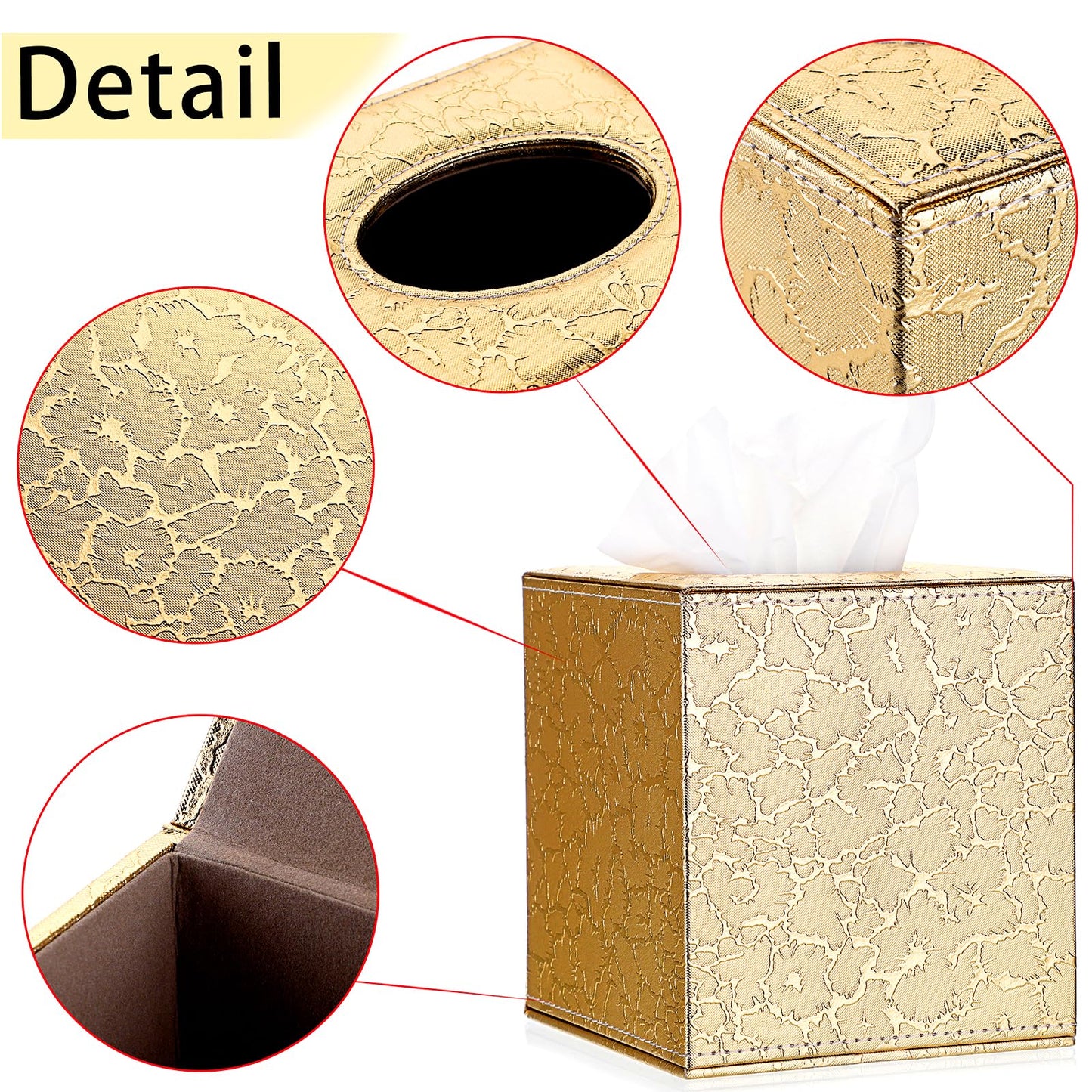 Sumnacon Square Leather Tissue Box Cover - Stylish Cube Tissue Box Holder with Magnetic Bottom, Decorative PU Tissue Box for Vanity Dresser Night Stand Table Countertop Home Office Car, Gold