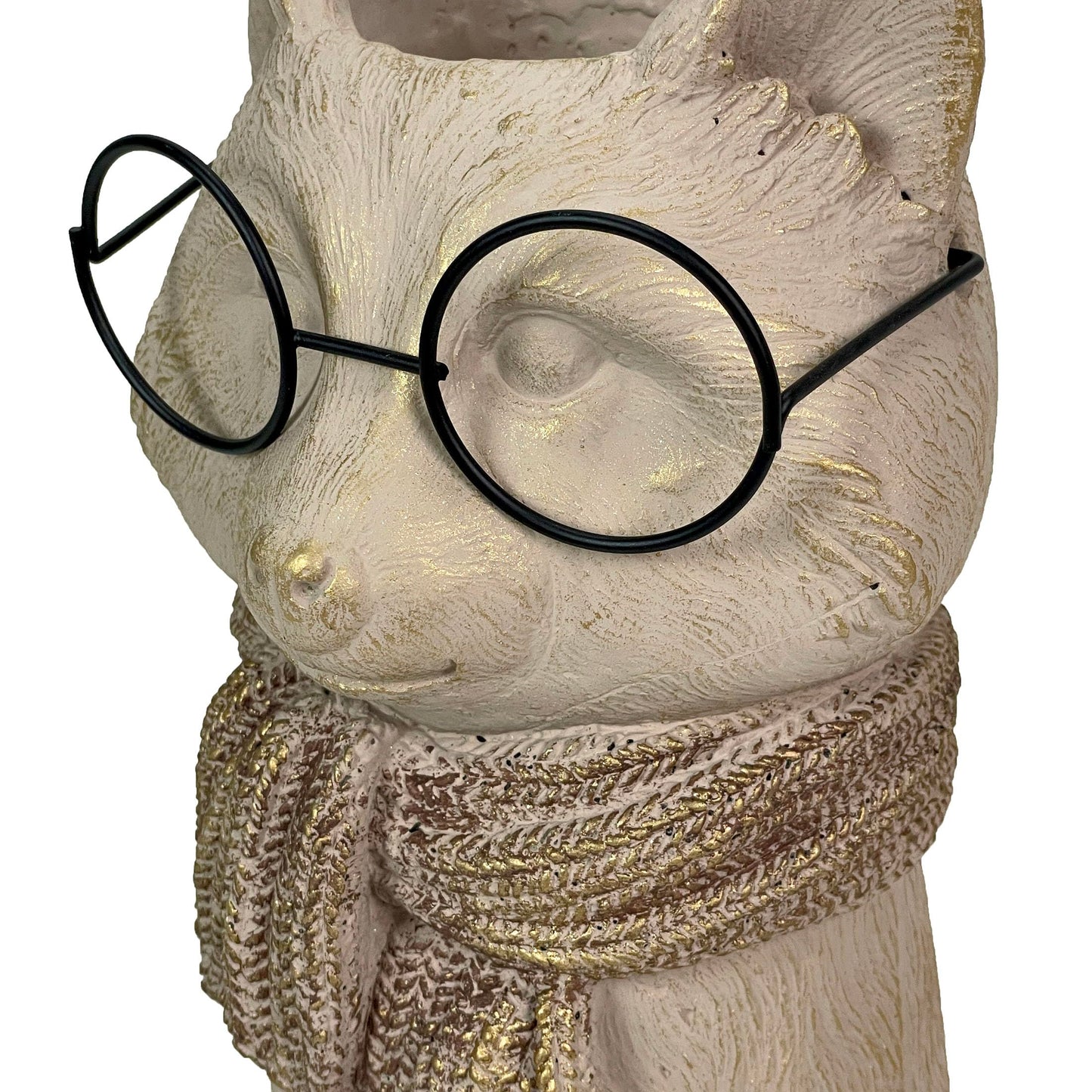 Bespectacled Fox Cement Vase 8.25 Inch – Gold Accents, Knit Textured Scarf, Real Wire Glasses, Whimsical Animal Decor, Distressed Taupe Planter for Indoor Plants, Unique Gift for Home or Office