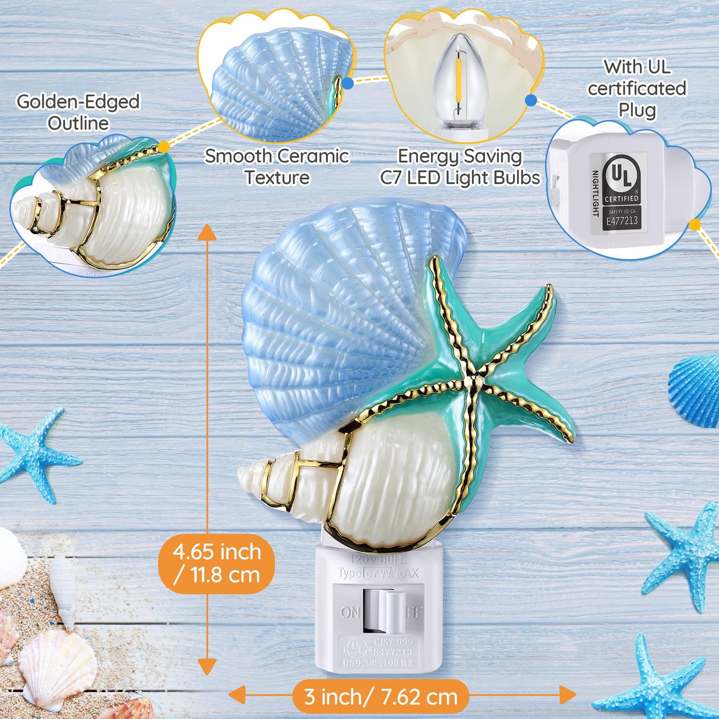 Hohean Seashell Night Light, Beach Night Light Plug into Wall with Manual On/Off Switch, LED Energy-Saving Lamps, 360° Swivel Plug, Beach Decor Coastal Decor for Bedroom Bathroom(Starfish)