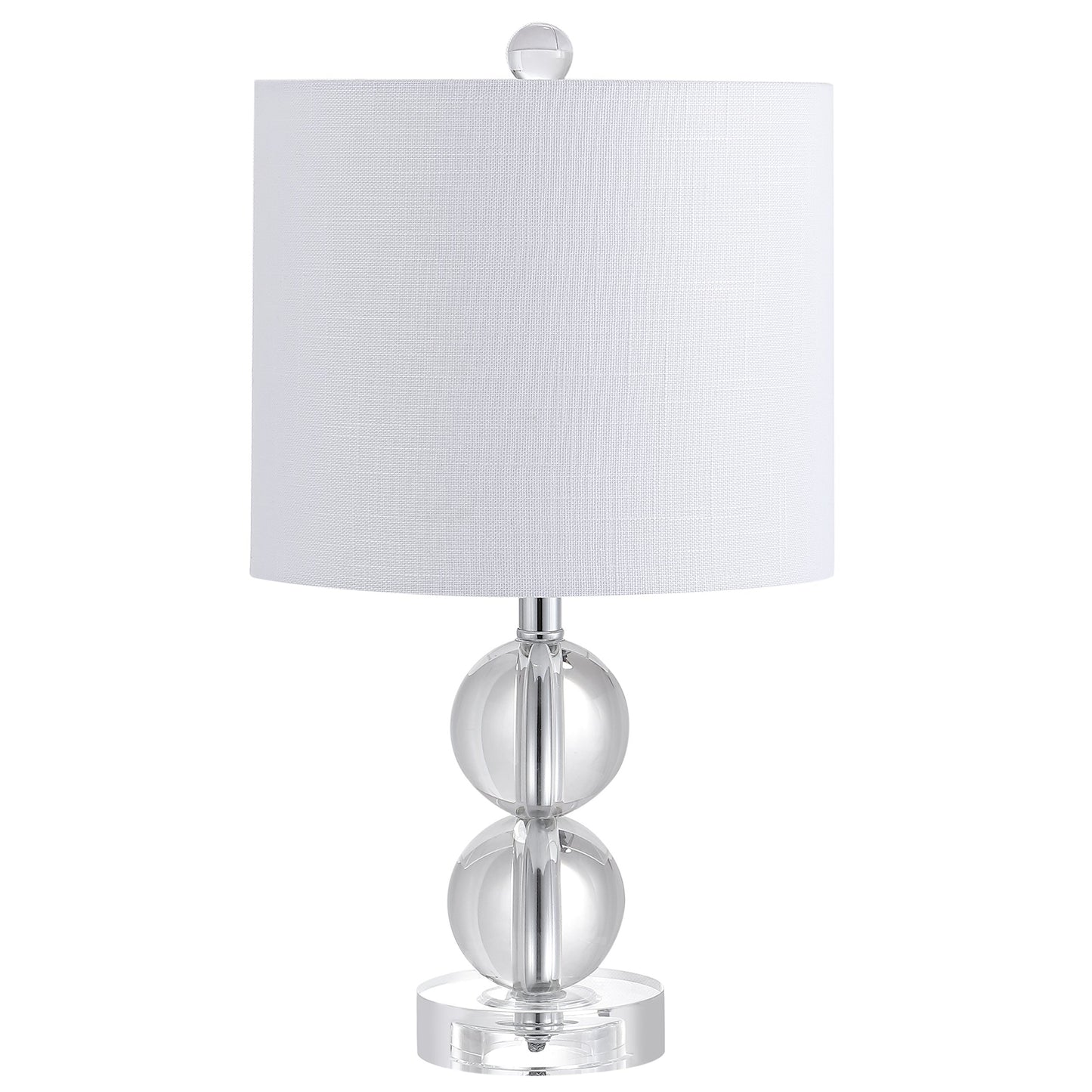 JONATHAN Y 17.5" Clear Crystal Table Lamp, Glam Double Sphere Mini Nightstand Lamp for Bedroom Living Room, White Linen Drum Shade, Chrome Finish, LED Bulb Included JYL2057A