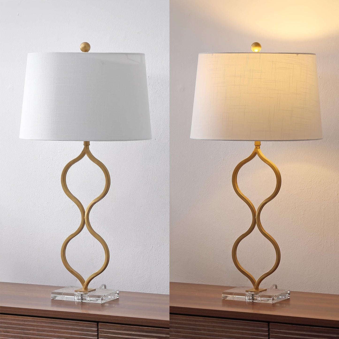 JONATHAN Y 31.5" Gold Curved Metal and Crystal Table Lamp, Modern Glam Bedside Lamp with White Linen Drum Shade for Living Room and Bedroom, LED Bulb Included JYL3028A