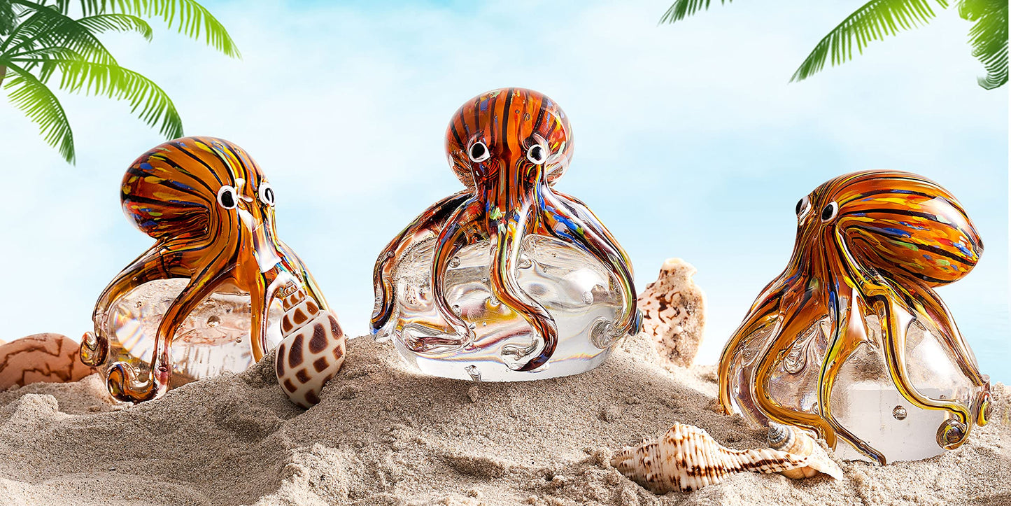 EUSTUMA Hand Blown Glass Octopus Figurine Ornament,Sea Animal Ornament for Fish Tank Aquarium,Sea Animals Collection for Birthday Gift,Glass Office Paperweight for Desk.