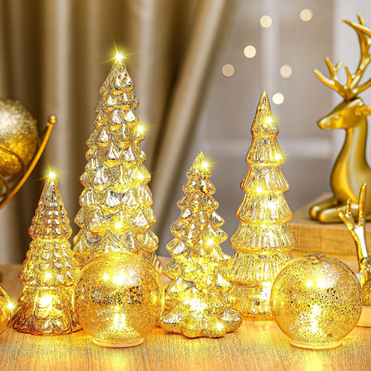 Syhood 6 Pcs Gold Mercury Glass Christmas Tree for Tabletop Light up Figurine Christmas Tree Mercury Cracked Glass Globe with Light for Xmas Decor Home Party Centerpiece Mantel Gift