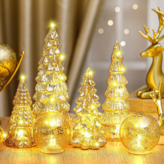 Syhood 6 Pcs Gold Mercury Glass Christmas Tree for Tabletop Light up Figurine Christmas Tree Mercury Cracked Glass Globe with Light for Xmas Decor Home Party Centerpiece Mantel Gift