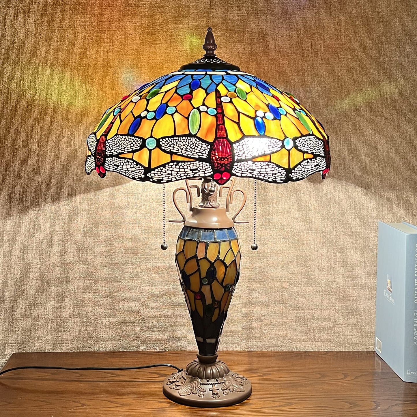 Capulina Tiffany Table Lamp Red Dragonfly Stained Glass Lamp 3-Light