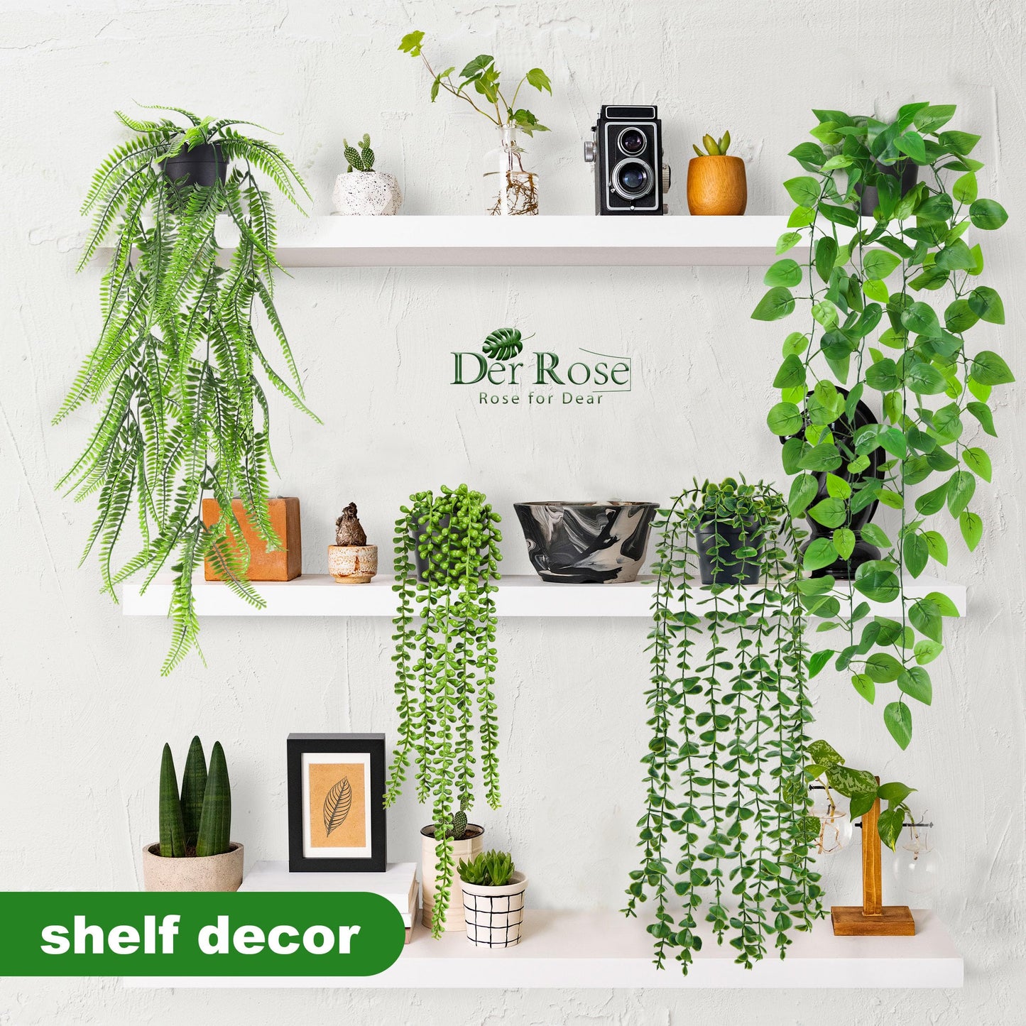 Der Rose Bundle of 4Pcs Fake Plants Hanging and 4 Pack Small Fake Plants for Living Room Bedroom Boho Wall Shelf Indoor Outdoor Decor