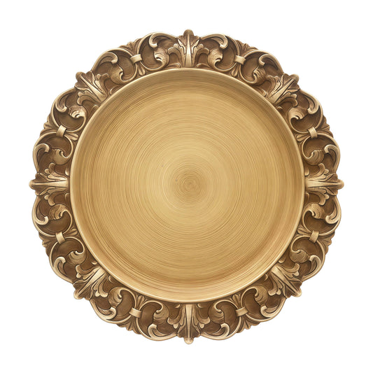 MaAixHom 13 Inch Vintage Charger Plates Set of 6, Antique Gold Baroque Embossed Service Plates with Scalloped Edge, Rustic Decorative Underplates for Wedding, Thanksgiving & Elegant Dinner Table Decor